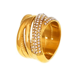 Cross-woven multi-row diamond ring in 18k gold plated titanium steel for women