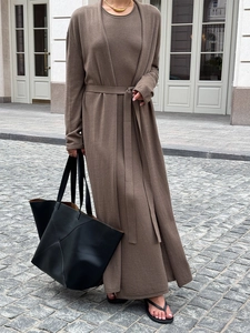 Brown knitted two-piece set featuring a long belted cardigan and matching maxi dress