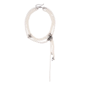 Elegant multi-layer faux pearl sweater necklace with star accents and long fringe tassels