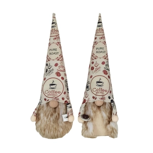 Pair of coffee-themed Christmas gnomes with high hats and plush beards on white background