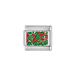Italienischer Armband-Link in Silber mit rot-grünem Emaille-Leopardenmuster-Inlay