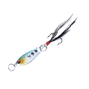 Macro detail of bionic fishing lure with 3D eyes and red silk feather single hook
