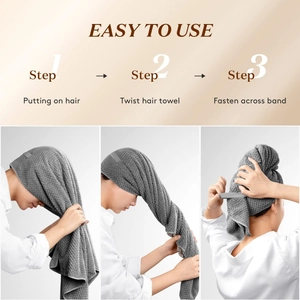 Three-step tutorial for gray waffle microfiber hair towel wrap with elastic loop