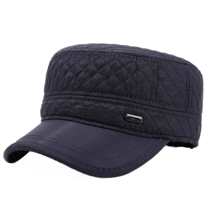 Navy blue quilted flat top baseball cap with ear flaps and warm lining for winter