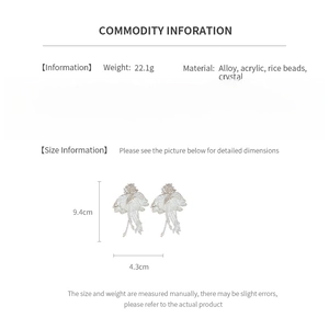 Detail showing petal earrings dimensions 9.4cm by 4.3cm with crystal and bead materials