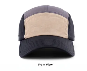 Front view of a 5-panel baseball cap with color-block design in grey beige and black