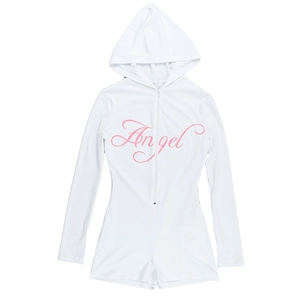 Close-up of white hooded bodysuit featuring pink Angel print and zipper detail