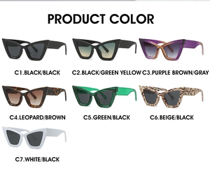 Matrix display of fashion cat eye sunglasses in seven colors from black to leopard print