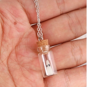 Luminous ghost in mini glass bottle necklace with silver chain for Halloween parties