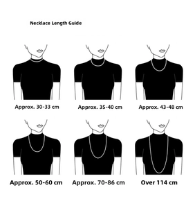 Length guide for silver moissanite necklace showing different wear styles on the neck