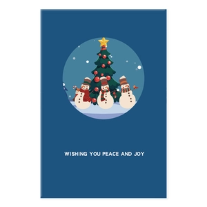 Deep blue Christmas card with snowmen around a tree and Wishing You Peace And Joy text