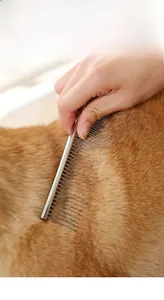 Close-up of stainless steel grooming comb smoothing fur on a long-haired dog