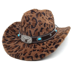 Detailed view of leopard print fedora with brown leather band and silver bull head buckle