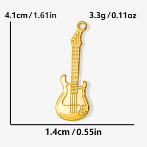 Detail view of gold guitar pendant with precise 4.1cm height and 3.3g weight dimensions