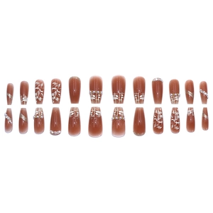 Elegant mocha brown press-on coffin nails with pearls, rhinestones, and gold glitter accents