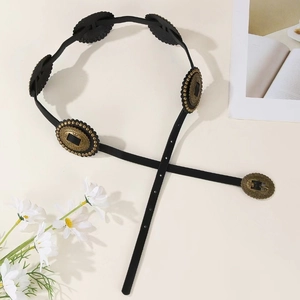 Vintage black PU leather belt with antique bronze rings and black gemstone studs