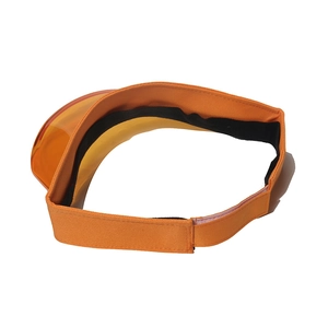 Detail view of adjustable velcro strap and black sweatband on orange sun visor