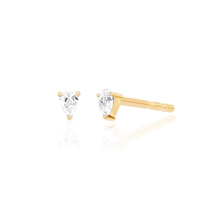 Golden stud earrings with pear-shaped cubic zirconia stones in 3-prong setting on white back