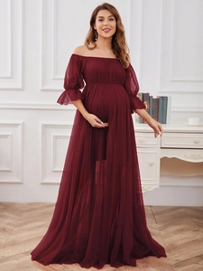Elegant off-shoulder burgundy maternity evening gown with puff sleeves and tulle skirt