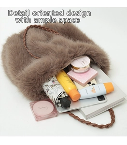 Detail view of brown faux fur tote bag showing spacious interior with daily essentials