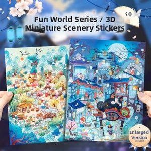 Macro view of 3D miniature scene PET stickers with detailed cute panda house illustrations