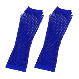 Detail of royal blue fishnet arm warmers showing elastic mesh texture and finger hole