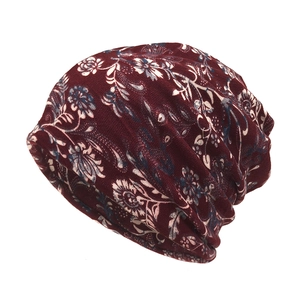 Floral print burgundy slouchy beanie hat for women featuring a soft double-layer knit design