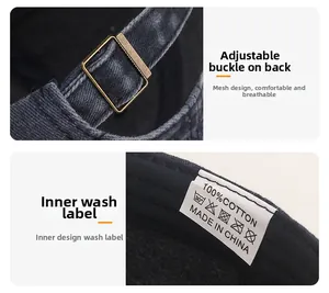 Detail of adjustable metal buckle and 100% cotton wash label on vintage baseball cap