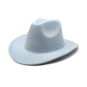 Detailed texture of light blue wool felt fedora hat with a classic wide curved brim