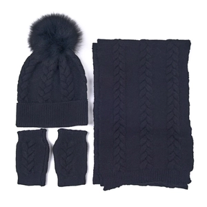 Ensemble d'hiver 3 pièces en maille torsadée bleu marine avec bonnet à pompon et gants