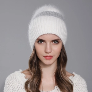 Berretto in maglia di pelliccia di coniglio bianco e grigio da donna caldo per l'inverno
