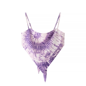 Detailed view of women's purple tie-dye bandana top with thin straps and V-neckline