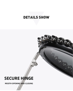 Detail of luxury sunglasses showing secure silver hinge and black rhinestone setting