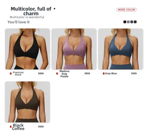 Halter neck sports bra shown in black, purple, blue, and coffee colors for women
