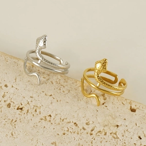 Snake shape adjustable stainless steel rings in 18K gold and silver on stone