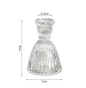 Macro detail of retro glass candle holder with ribbed texture and size dimensions