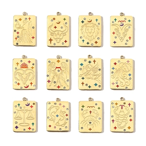 Zodiac Constellation Rectangular Pendant Stainless Steel Gold Plated Enamel Rhinestone DIY Jewelry Accessory For Necklace