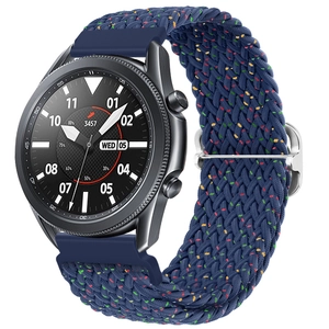 Macro view of blue braided nylon watch band with colorful accents on smart watch