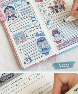 Detail of cute anime girl stationery stickers for scrapbooking and creative planner decoration