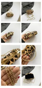 Detailed views of leopard print clutch featuring gold bow clasp and metal handle