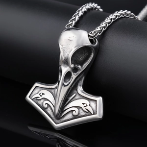 Viking Raven Skull Thor's Hammer Mjolnir Pendant Necklace Stainless Steel Gothic Vintage Nordic Rune Men Jewelry