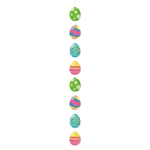 Vertical string of colorful Easter egg ornaments with floral and stripe patterns