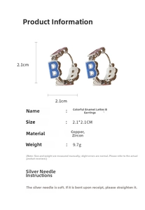 Detailed view of silver B-letter earrings with blue enamel, zircons and size metrics