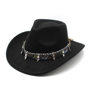 Chapeau De Cowboy Occidental Fedora En Feutre De Laine Avec Bande Ethnique Brodée Et Pendentifs En Métal Argenté Bord Large Vintage
