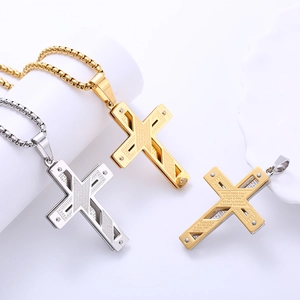 Three-color hip hop stainless steel cross necklaces with engraved prayer pendants