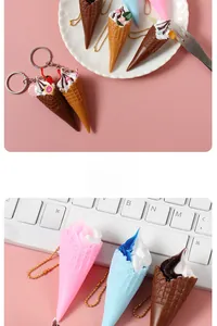 Detailed view of colorful mini ice cream cone keychains in a dessert-themed setting