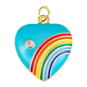 Macro detail of a heart-shaped turquoise pendant with rainbow stripes and a clear zircon