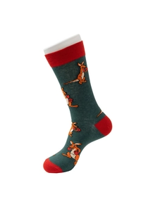 Detail of dark green cotton sock featuring a red boxing kangaroo pattern on a mannequin