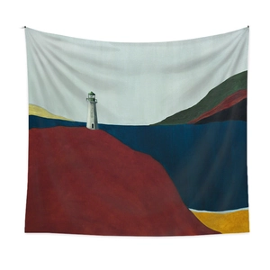 Artistic landscape tapestry featuring a white lighthouse with deep red soil and blue water