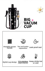 Detail of 316 stainless steel vacuum flask with daisy pattern and tea separator feature